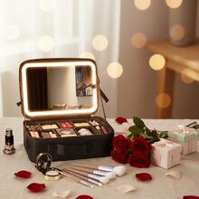 1个黑色/粉色旅行化妆包，带镜子，大容量化妆品收纳盒，便携式化妆包带LED灯镜，化妆品整理包，化妆包，旅行整理包，适合居家、送礼、度假、节日（万圣节、圣诞节），波西米亚风格 - 彩色 - 查看 12