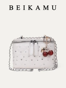 1pc BEIKAMU Unique Design Rhombus Pattern Handbag Box Type Bag, Fashionable Lipstick & Coin Purse, Elegant Chain Shoulder Crossbody Bag (Comes With Cherry Pendant) - White - View 6