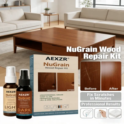 地板及家具护理喷雾——有效修复家中桌椅、橱柜上的划痕和凹痕。双瓶套装，浅色和深色可选，可搭配各种色调。专业配方，快速填补划痕，遮盖凹痕，易于涂抹，不伤家具，无需昂贵更换即可使旧家具焕然一新。