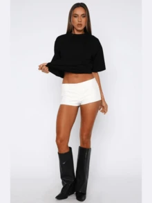 Women's Sweet Casual Hot Summer White Low Rise Fold Over Elastic Waist Mini Shorts - 白色 - 查看 2