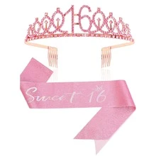 2pcs/Set 4th 5th 6th 7th 8th 9th 10th 12th 13t 16th Birthday Gift Party Favor Rhinestone Crown Jewelry Peony Ribbon Number Etiquette Rose Flower Shoulder Strap Onion Powder Cloth Belt Holiday Dress Up Set Fashion Number Delicate Crown Tiara Hair Accessories It's My Birthday For Pink - Rose Gold - View 16