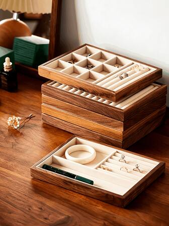 1pc Black Walnut Jewelry Storage Box, Soft Fabric Lining, Multi-Compartment Desktop Organizer Tray, Suitable For Earrings, Rings, Necklaces, Elegant Rectangular Design, For Home Or Office Use, Includes Drawers, Jewelry Box, Jewelry Trays