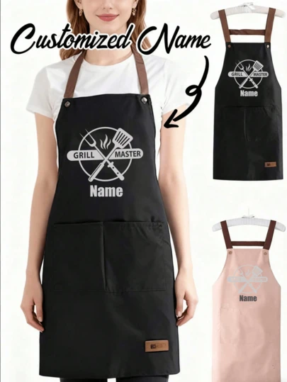 1pc Customized Apronadjustable ,Customizable Name Apron,Kitchenware Printing And "GRILL MASTER",For Men And Women With Large Pockets,Personalized Apron Adjustable Neck & Waist Straps,Custom Design Cooking & Bbq Aprons, Gift For Men And Women