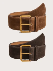 2pcs Brown & Coffee Plush Retro Casual PU Leather Belt, Suitable For Autumn/Winter Outfits - Suede Brown + Coffee - View 23