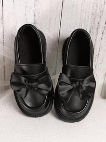 1 Pair Girls' Princess Black Soft Leather Flat Shoes, Cute Loafers With Bow, Round Toe Anti-Slip Thick Sole, Suitable For 3-15 Years Old Girls For Party, Vacation, Daily Wear, Dance, 2025 Spring/Autumn New Arrival