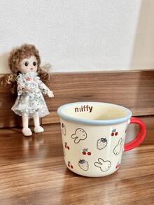 350ml Blue Strawberry & Cherry Pattern Ceramic Mug, White Body With Blue Rim And Handle, Adorable Cartoon Design, Minimalist Style, High-Temperature Decal Ceramic Material, Portable, Suitable For Daily Use, Office, Leisure, Breakfast, Intimate Moments, Especially Suitable For Cartoon Fans, Young Women, Students, Office Workers, Also A Thoughtful Gift For Loved Ones/Friends - Baby Blue - View 7