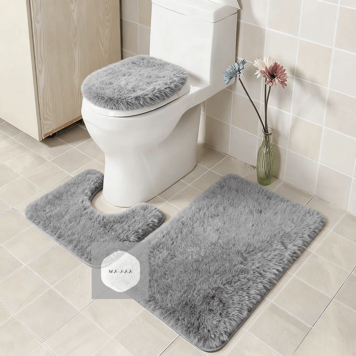 3-Piece Bathroom Rug Set Including Bath Mat, Contoured Rug And Toilet Lid Cover, Machine Washable, Super Soft Microfiber, Non-Slip With Anti-Slip Backing, Home Bathroom Decor, Floor Mat - 淺灰色 - 查看 1