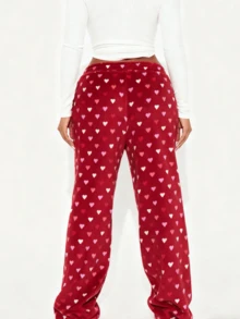 Womens Furry Plush Pajamas Pants Valentines Love Heart Fleece Pants Drawstring Waist Wide Leg Lounge Bottoms - 降紅色 - 查看 3