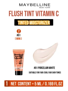 FIT ME FLUSH TINT 2X VITAMIN C #01 PORCELAIN WHITE 5/30ml, Double Vitamin C² Double Brightening, 8-Dimensional Skin Improvement, Triple Essence Infused (Hyaluronic Acid. Results, 3-Step Easy Application (Warm-Press-Pat) for Bright Fair Skin, Ideal for Daily Hydrating & Radiance Boost, Essential Item for Daily Skin Caring and Makeup Use - 美寶蓮早C管素顏霜 01 - 查看 12