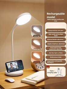 1pc Adjustable 3-Level Brightness LED Desk Lamp With Phone Holder, Rechargeable 800mAh Battery, USB Charging, Dimming Function, Suitable For Office, Student Study And Reading - White Red Light - View 14