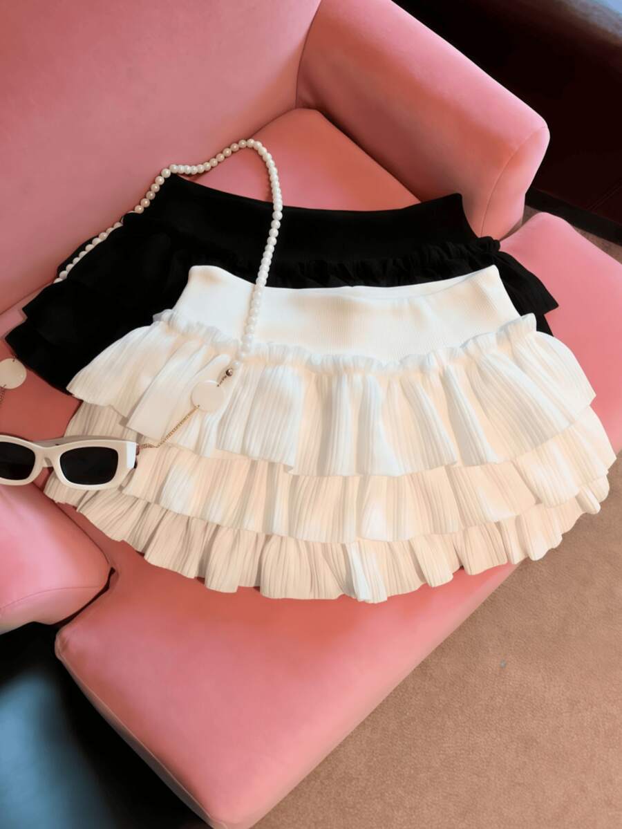 1件甜美芭蕾舞风格多层薄纱A字迷你裙，松紧腰，秋冬款 - 彩色 - 查看 1