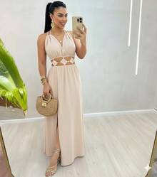 Women's Long Dress With Cutouts And Side Slit, Elegant And Premium Finish. Long Dress With Two Neckline Styles And Side Slit. Features Cutouts, A Slit, And A Tie At The Neckline. Elegant, Casual, Party, Split Fabric, Side Opening, Bare Back, Drawstring Tie. 2-In-1. Suitable For: Beach, Night, Garden, Photoshoot, Street, Birthday Party, Stage And Concert, Bachelorette Party, Travel, Vacation. - 裸體 - 查看 3