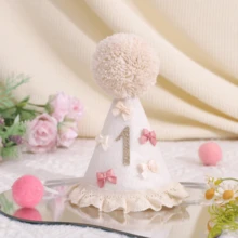 1件婴儿1/2岁生日帽，蝴蝶结和绒球花边饰发带，适合幼儿男孩女孩派对装饰拍照道具 - 彩色 - 查看 5