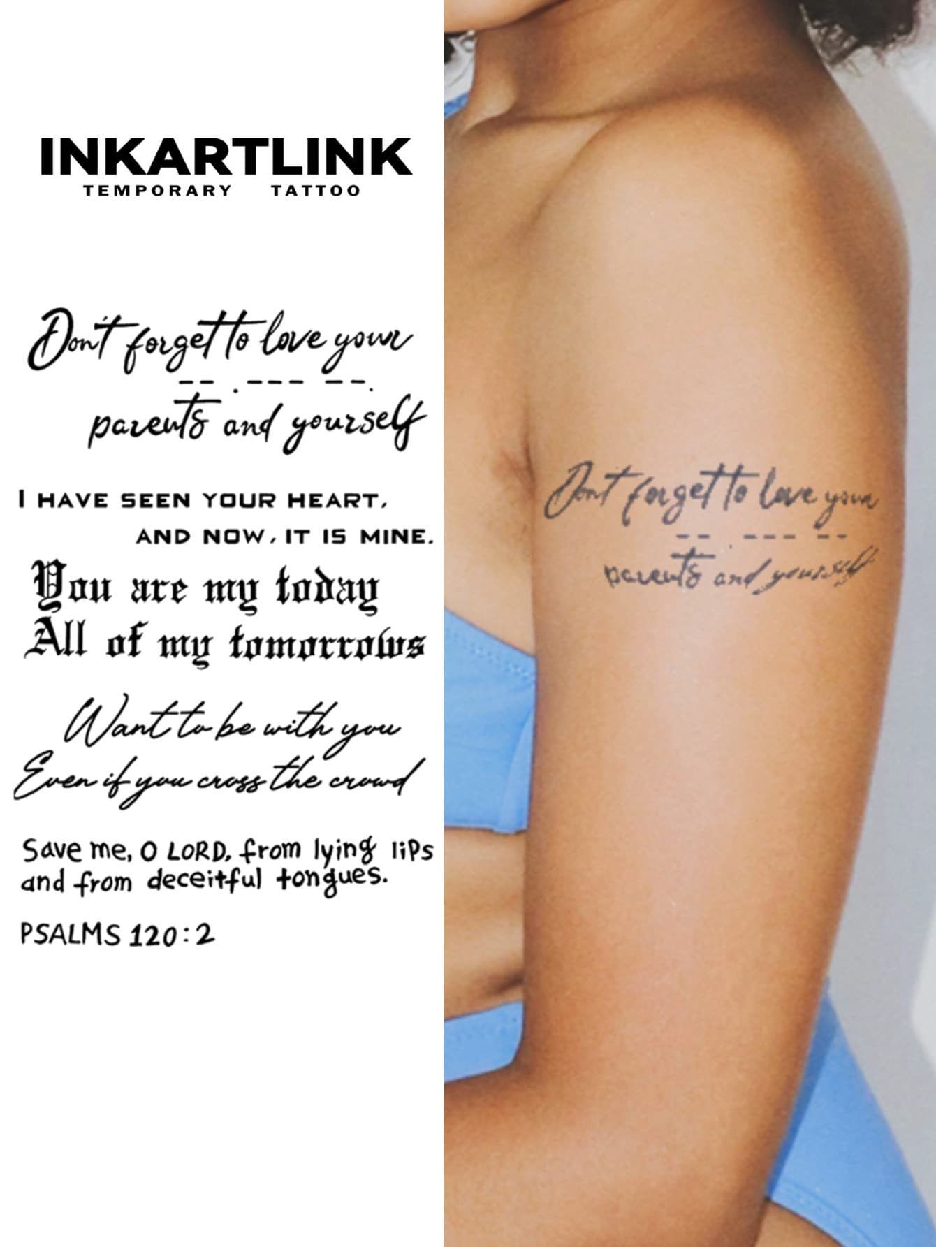 INKARTLINK 英文格言书法字体，性感纹身革命性技术纹身，半永久纹身，临时纹身，仿真纹身，防水，逼真纹身外观，植物基纹身