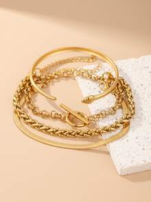 4-Piece Neutral Bracelet Set-Bohemian Style, Including Flat Snake Chain, Paper Clip Chain, Snake Bracelet, Beaded Chain And Classic Chain Design, Suitable For Daily Wear And Gift. - Bracelet - View 13