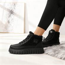 Autumn And Winter Fashion Casual Lamb Wool Lined High-Top Shoes, Faux Leather Patchwork Color-Block Metal Decor Lace-Up Platform Wedge Women's Shoes, Warm And Comfortable - 黑色 - 查看 2