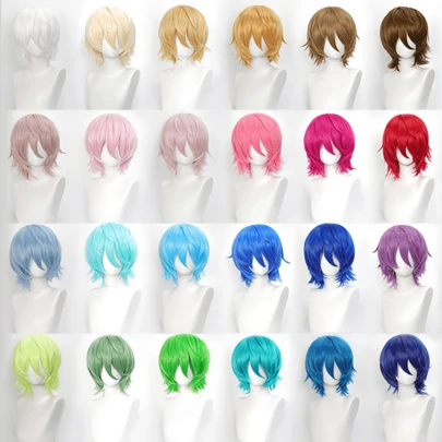 Karida 角色扮演假发短款合成假发，带刘海，14 英寸通用角色扮演假发，适用于合成头发，尖刺分层直发，男士化装舞会假发，无胶耐热纤维头发，高密度自然外观角色扮演假发