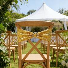 30x15cm Elastic Sequin Chair Sash With Bow Decor, Wedding Supplies - Gold, Suitable For Banquet, Party, Event, Hotel, Birthday, Wedding, Christmas, Ramadan, New Year Party Decoration - Gold - View 3