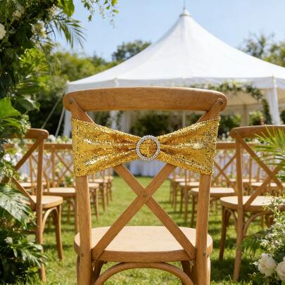 30x15cm Fascia elastica per sedia con paillettes e fiocco, accessori per matrimoni - Oro, adatta per banchetti, feste, eventi, hotel, compleanni, matrimoni, Natale, Ramadan, decorazioni per feste di Capodanno