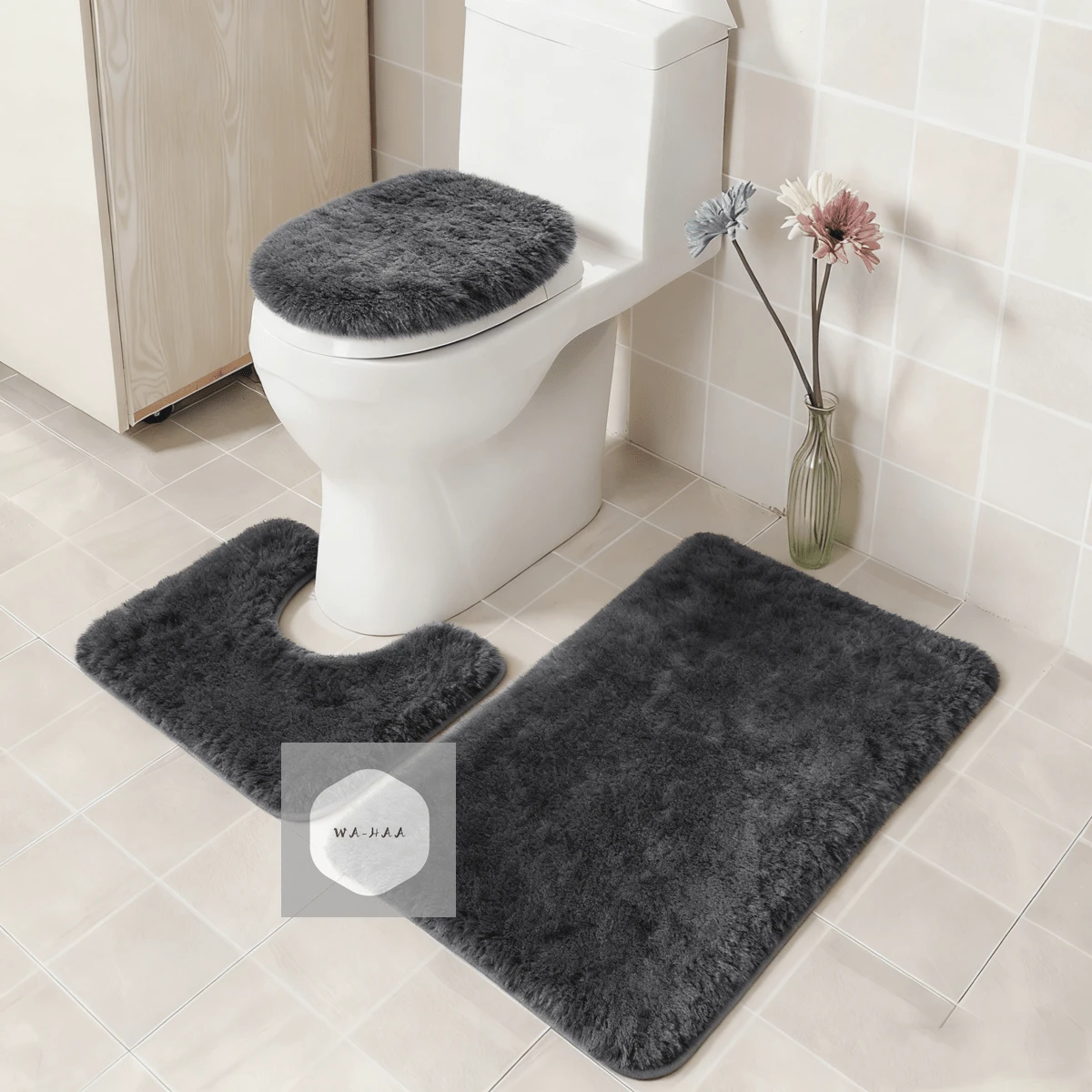 3-Piece Bathroom Rug Set Including Bath Mat, Contoured Rug And Toilet Lid Cover, Machine Washable, Super Soft Microfiber, Non-Slip With Anti-Slip Backing, Home Bathroom Decor, Floor Mat - 深灰色 - 查看 1
