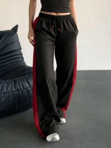 Pantaloni elastici cu talie și cordon, casual pentru femei, potriviți pentru sporturi și timp liber de toamnă și iarnă - roșu - Vizualizare 3