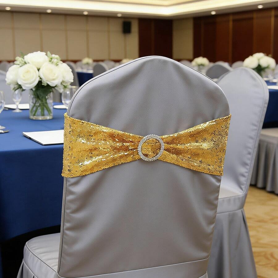 30x15cm Elastic Sequin Chair Sash With Bow Decor, Wedding Supplies - Gold, Suitable For Banquet, Party, Event, Hotel, Birthday, Wedding, Christmas, Ramadan, New Year Party Decoration - Gold - View 1