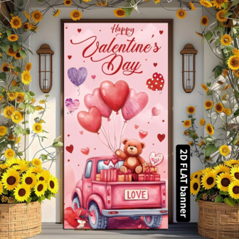 2D platt alla hjärtans dag-dörrbanderoll i polyester, 72,83 tum x 35,43 tum, hjärtformad lastbil och nallebjörnsdesign, mångsidig inomhus- och utomhusdekoration, romantisk innergårdsatmosfär, ingen el krävs