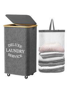 1pc 60L/90L/110L Bamboo Rim Laundry Basket With Wheels And Cover - Includes Removable Mesh Liner, Foldable Dirty Clothes Basket With Handles And Cover, Extra Large Capacity Laundry Hamper, Collapsible Fabric Laundry Basket - Multicolor - View 3