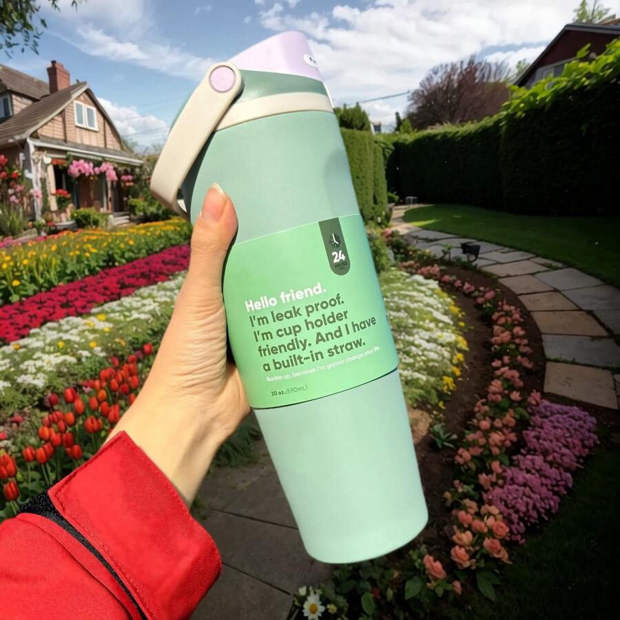 0WAL'A 30oz Insulated Stainless Steel Water Bottle With Straw. This Water Bottle Combines A Straw And Insulation, And Features Vibrant Colors. Enjoy Your Drinks Anytime, Anywhere. Perfect For Holding Water,  Tea Or Coffee, Iced Drinks, And Hot Beverages. - 薄荷綠 - 查看 1
