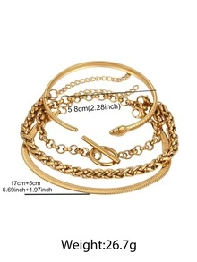 4-Piece Neutral Bracelet Set-Bohemian Style, Including Flat Snake Chain, Paper Clip Chain, Snake Bracelet, Beaded Chain And Classic Chain Design, Suitable For Daily Wear And Gift. - Bracelet - View 8
