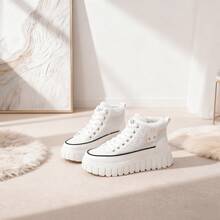 Autumn And Winter Fashion Casual Lamb Wool Lined High-Top Shoes, Faux Leather Patchwork Color-Block Metal Decor Lace-Up Platform Wedge Women's Shoes, Warm And Comfortable - 白色 - 查看 2