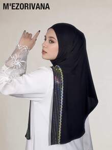 1 chiếc khăn trùm đầu màu trơn với họa tiết sọc đính kim sa, chất liệu polyester mềm mại và thoáng khí, thích hợp sử dụng hàng ngày. - Phong cách sọc sequin - Xem 9