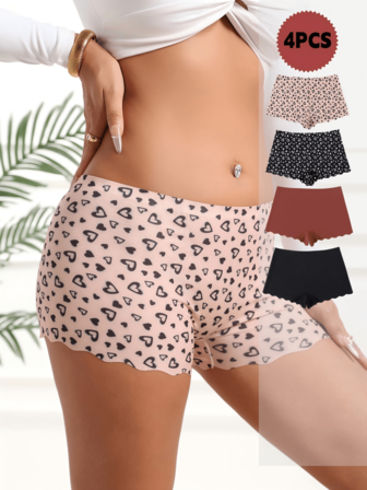 4pcs/Pack Women's Seamless Heart Pattern Wavy Hem Simple Briefs, Elastic Breathable Comfortable Panties