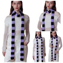 1条时尚修身黑白条纹围巾，撞色长款窄围巾，女士Y2K仿毛皮蝴蝶结围巾 - 黑與白 - 查看 4