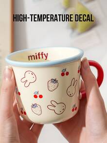 350ml Blue Strawberry & Cherry Pattern Ceramic Mug, White Body With Blue Rim And Handle, Adorable Cartoon Design, Minimalist Style, High-Temperature Decal Ceramic Material, Portable, Suitable For Daily Use, Office, Leisure, Breakfast, Intimate Moments, Especially Suitable For Cartoon Fans, Young Women, Students, Office Workers, Also A Thoughtful Gift For Loved Ones/Friends - Baby Blue - View 3