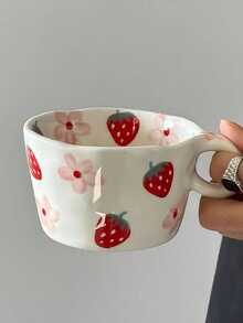 One Small Ceramic Cup With Hand Drawn Strawberry Flower, Unique Handmade Cute Floral Mug, Ideal For Restaurants, Living Rooms, Cafes And Gatherings, Perfect Gift For Coffee Lovers - A Small Flower Strawberry Cup - View 12