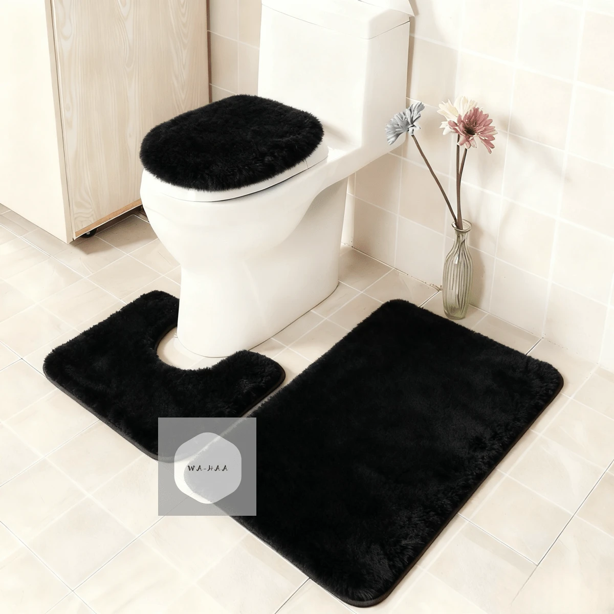 3-Piece Bathroom Rug Set Including Bath Mat, Contoured Rug And Toilet Lid Cover, Machine Washable, Super Soft Microfiber, Non-Slip With Anti-Slip Backing, Home Bathroom Decor, Floor Mat - 黑色 - 查看 1