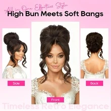 凌乱发髻假发片，带刘海 – 二合一抽绳马尾辫接发盘发假发和发片，带长侧刘海，自然逼真的发髻假发片，适合女性 - 彩色 - 查看 5