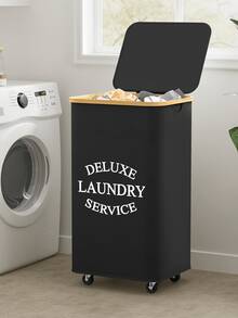 1pc 60L/90L/110L Bamboo Rim Laundry Basket With Wheels And Cover - Includes Removable Mesh Liner, Foldable Dirty Clothes Basket With Handles And Cover, Extra Large Capacity Laundry Hamper, Collapsible Fabric Laundry Basket - Multicolor - View 1