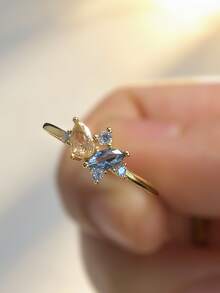 1枚S925纯银多色合成锆石女士戒指，优雅高贵，适合日常佩戴、派对和聚会。 - 金黃色 - 查看 3