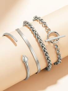 4-Piece Neutral Bracelet Set-Bohemian Style, Including Flat Snake Chain, Paper Clip Chain, Snake Bracelet, Beaded Chain And Classic Chain Design, Suitable For Daily Wear And Gift. - Bracelet - View 11