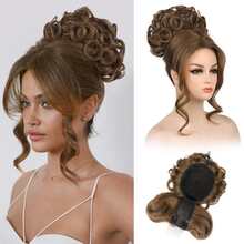 Messy Bun Hair Piece With Bangs - 2-In-1 Hair Bun Hairpieces Curly Updo Wig & Hair Topper With Long Side Bangs Natural-Looking Drawstring Ponytail Extension For Women - Multicolor - View 2