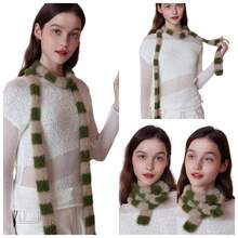 1条时尚修身黑白条纹围巾，撞色长款窄围巾，女士Y2K仿毛皮蝴蝶结围巾 - 黑與白 - 查看 8