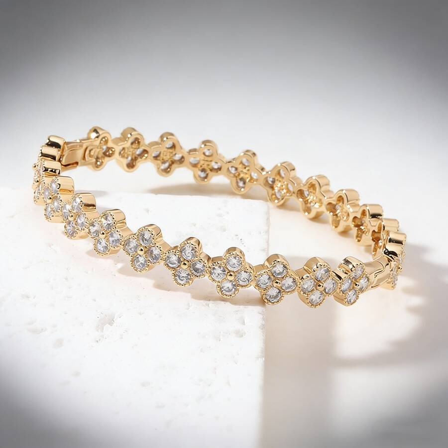 1pc 18K Gold Plated Copper Bracelet With Synthetic Zirconia Four-Leaf Clover, New Wedding Accessory Bracelet, Suitable For Women To Wear Year-Round - Multicolor - View 1