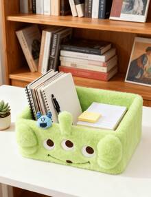 Alien Plush Desktop Storage Box Cosmetics Jewelry Organizer, Adorable Alien Cartoon Print, Plush Material Smooth Interior, Portable Design Large-Capacity Versatile Use (Cosmetics/Jewelry/Small Items), Perfect for Daily Use, Office, for, Alii, for, Leresser, Lresser, 組合, 組合, 電唱Students, Office Workers, Lovely Gift For Friend/Lover - 綠色 - 查看 3