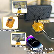 1pc Cordless LED Work Light(Battery Not Included), Yellow/Black Plastic/Metal, Dewalt Battery-Compatible, 2 Brightness Levels + Dual USB Ports, Portable Floodlight For US Camping, Auto Repair & Construction Sites, Emergency-Ready. - Vàng và đen - Xem 5