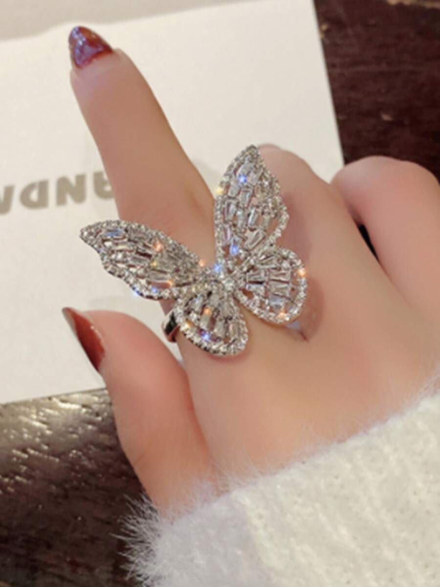 1 chiếc nhẫn hình bướm hở đính đá toàn bộ, kiểu dáng tối giản, thời trang dành cho nữ. - Bạc - Xem 1
