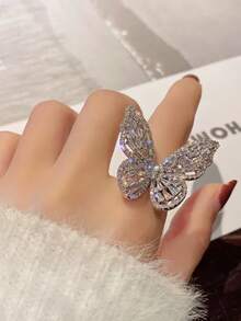 1 chiếc nhẫn hình bướm hở đính đá toàn bộ, kiểu dáng tối giản, thời trang dành cho nữ. - Bạc - Xem 2