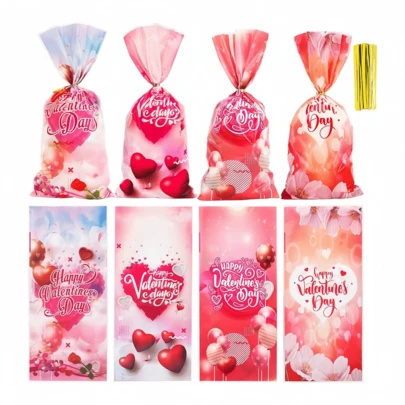 50/100个装情人节糖果袋，4种不同设计，情人节透明玻璃纸糖果袋，塑料情人节糖果饼干烘焙心形透明礼品袋，适用于情人节、节日、婚礼派对回礼用品（包装内含金色扎带）