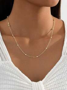 1 chiếc dây chuyền kim loại đơn lớp hình tròn trơn tối giản, dây chuyền choker mặt dây chuyền đính hạt đa năng dành cho nữ. - Vàng - Xem 5